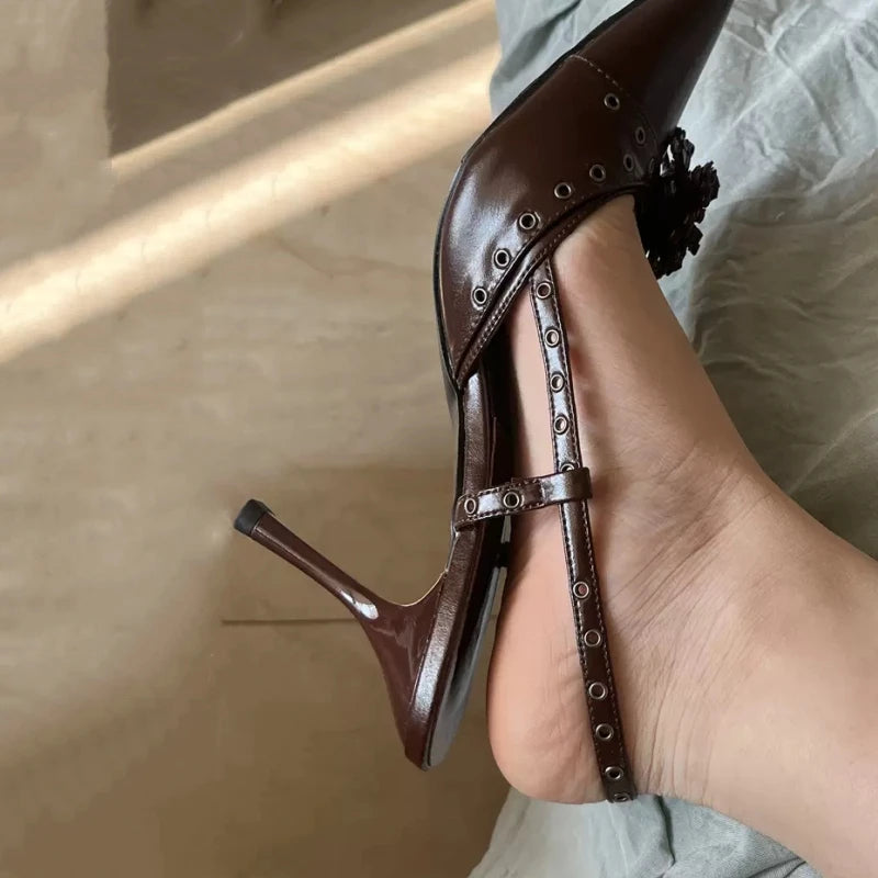 LBSFY  -  Brown Studs Pointed Toe High Heels Ladies Summer Sexy Single Shoes for Women Party Dress Pumps Sandalias De Mujer Verano