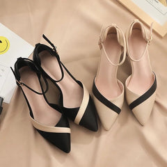 LBSFY -Women's Classic Beige Square Heel Pointed Shoes for Party Ladies Spring Summer Black Buckle PU Leather Profession Pumps