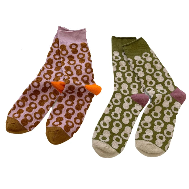 Lbsfy Autumn and Winter Women Socks Korean Style Dot Retro Tide Middle-tube Sock Cotton Knitted Socks Keep Warm Female Cozy Soft Sock