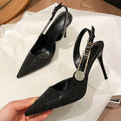 Lbsfy Luxury Rhinestone Sexy Pointed Toe High Heels Women Metal Buckle Shallow Elegant Banquet Party Shoes Mules Pumps Sandals Female