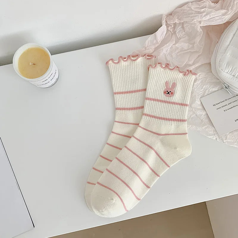 Lbsfy Women Socks Cotton Cute Rabbit Cherry Love Print Striped Ruffle Female Cartoon Animal Embroidery Stockings White Student Socks