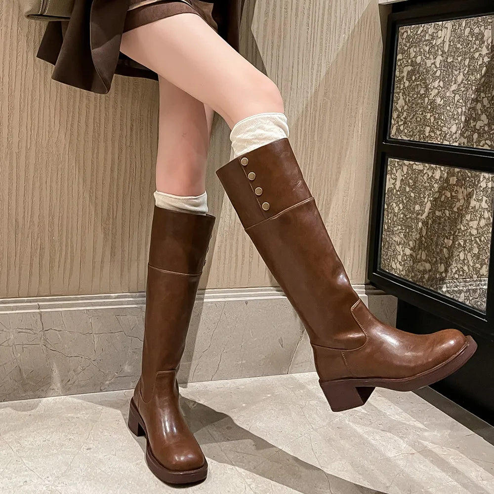 LBSFY  -  Vintage Women Knee-High Boots Genuine Leather Thick Heels Shoes Woman Basic Office Lady Autumn Winter High Boots Retro