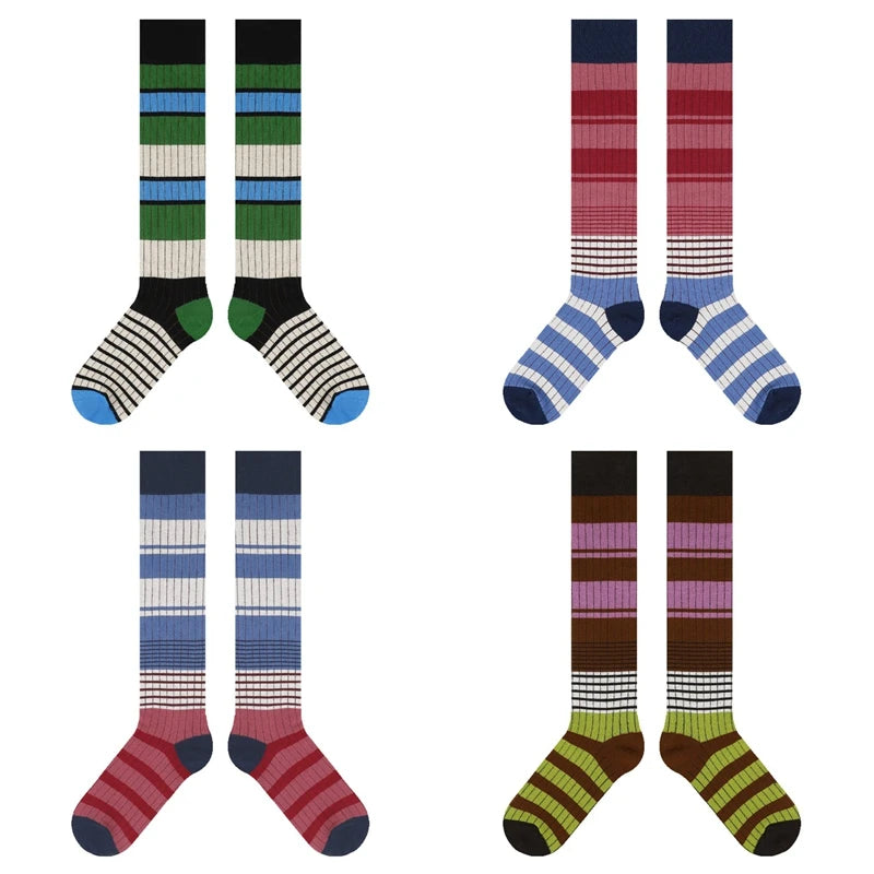Lbsfy Women Winter Knee-high Stockings Fashion Colorful Stripes Long Sock Female Sports Cotton Stocking Japanese Student Socks Woman