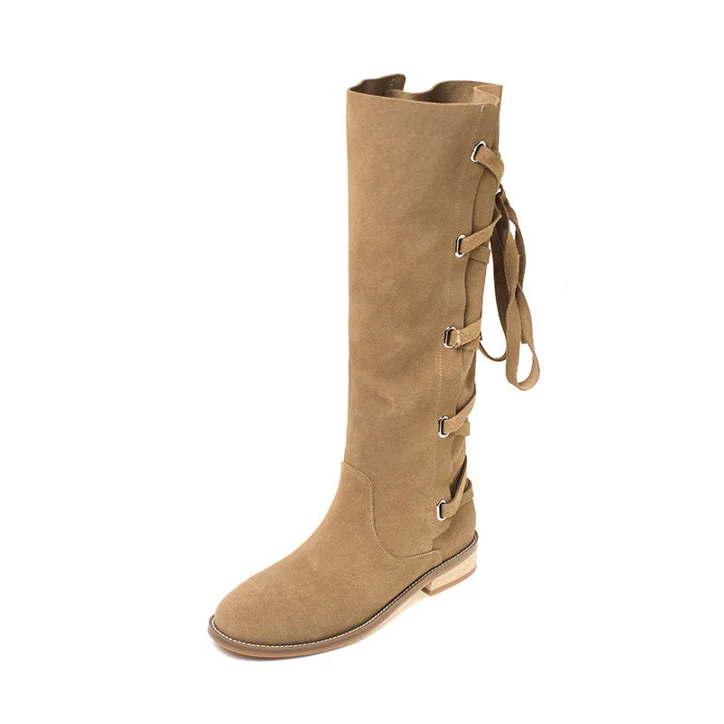 LBSFY  -  Fashion Knee Length Women Boots New High Quality Suede Round Head Back Strap Low Heel Long Boots Commuter Modern Boots