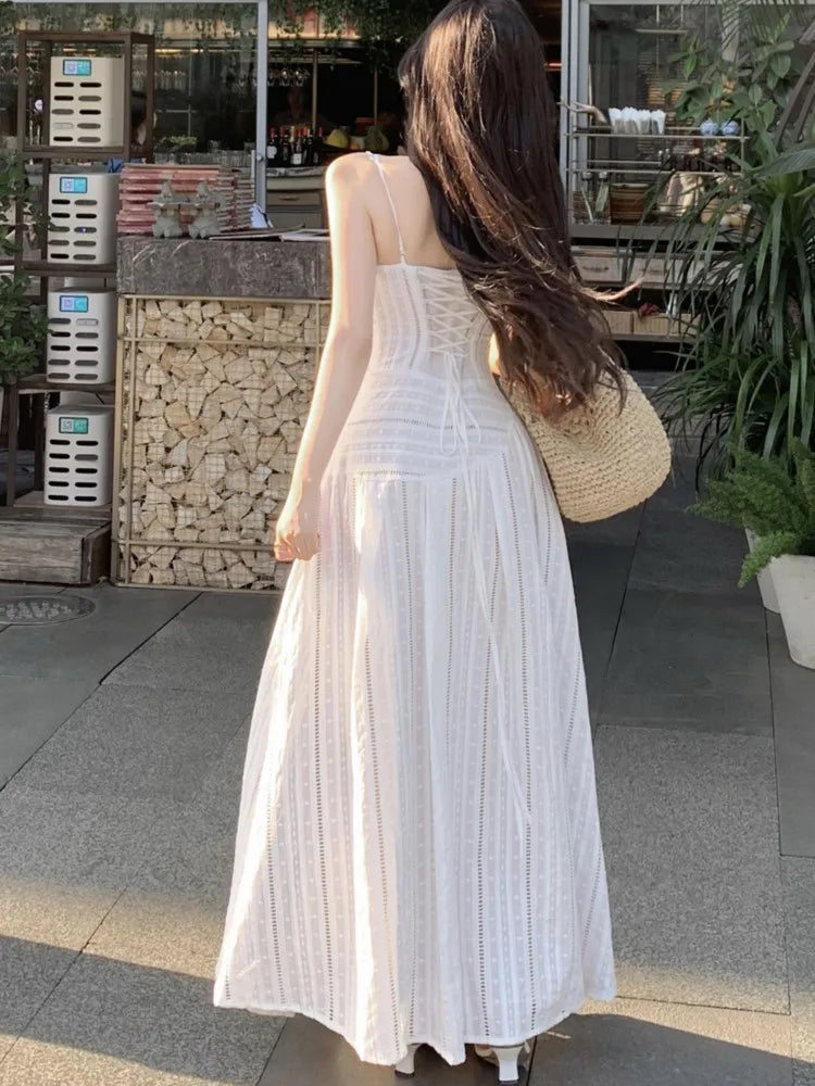 LBSFY -French Vintage Fashion Women's Sling Dresses 2025 New Summer V-Neck Slim Waist Spaghetti Strap Long Dress Casual Holiday Robe