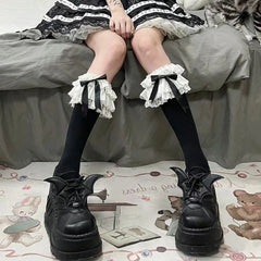 Lbsfy Women Socks Spring Summer Gothic Sweet Style JK Lolita Cute Kawaii Mullet Lace Soild Color Mid-tube Knee High Girls Like Socks