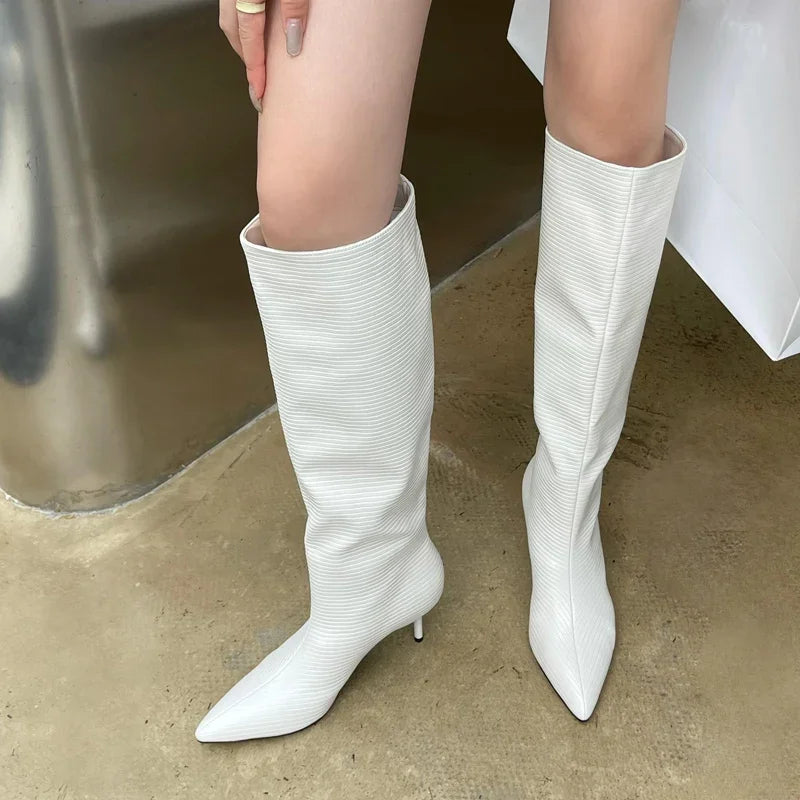 LBSFY -Sexy Gingham Pointed Toe Women Knee-High Boots High Quality Party Dress Modern Long Booties Thin Low Heels Shoes