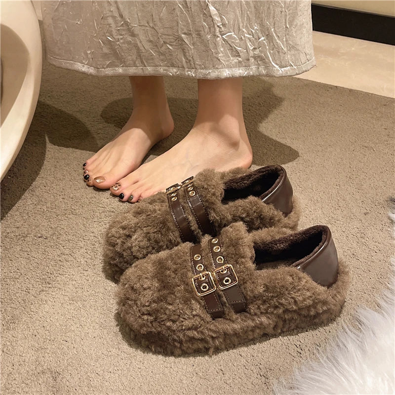 LBSFY -New Style Fashion Women Shearling Flats Furry Lambswool Mocasines Warm Cotton Shoes Ladies Slip on Sheep Fur Lined Loafers