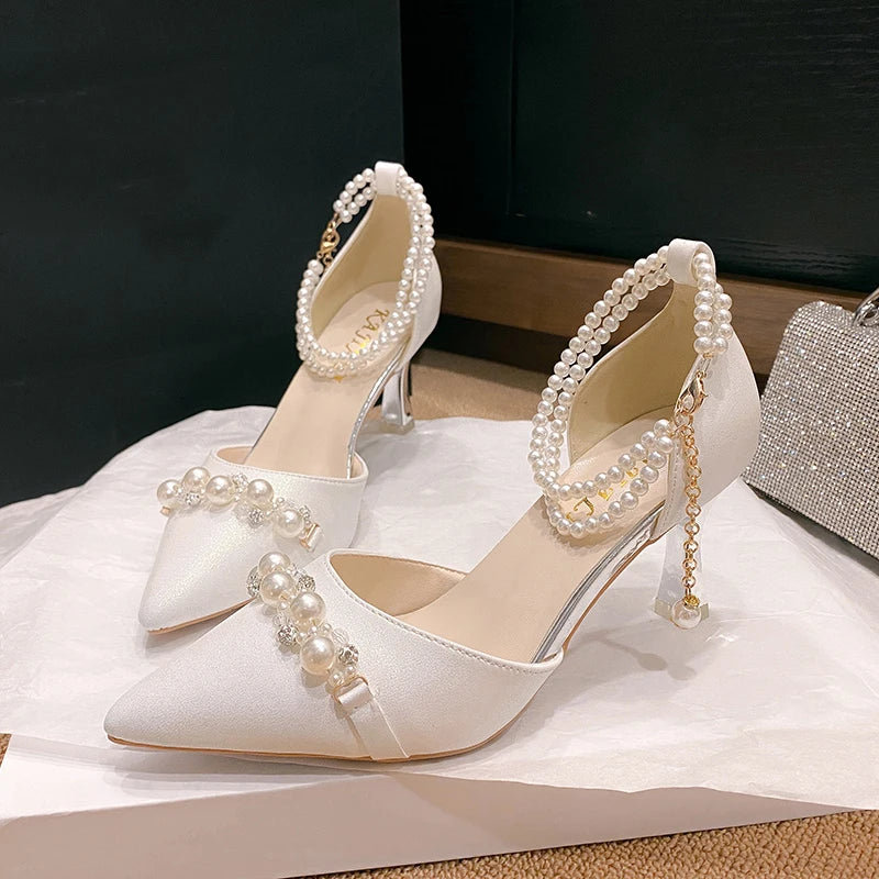 LBSFY  -   Fashion Pearl Ankle Strap Pumps Women String Bead Stiletto Heel Party Shoes Woman Point Toe Pu Leather Two-Piece High Heel Shoes