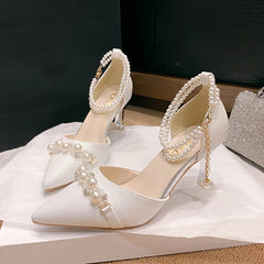 LBSFY  -   Fashion Pearl Ankle Strap Pumps Women String Bead Stiletto Heel Party Shoes Woman Point Toe Pu Leather Two-Piece High Heel Shoes
