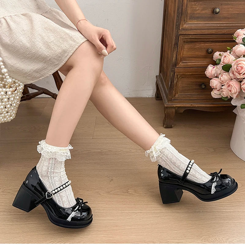 LBSFY -Platform Thick Heel Women Mary Jane Shoes Fashion Butterfly-knot Dress Shoes Ladies Outdoor Leather Pumps