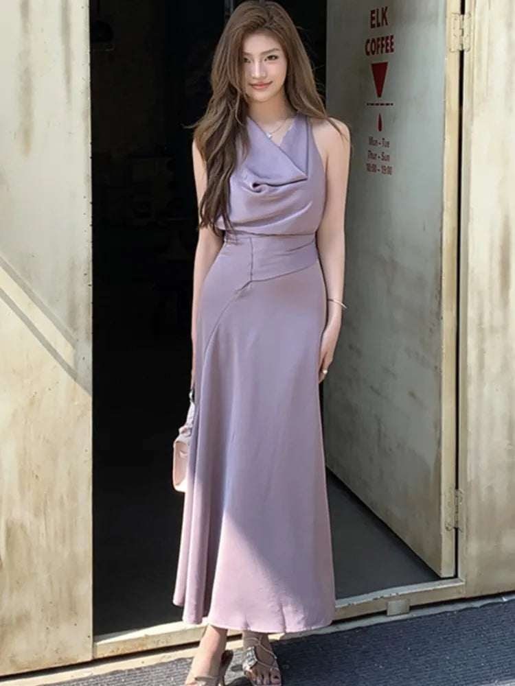 LBSFY -Spring Summer Elegant Purple Party Long Dresses For Woman French Fashion Vintage Swing-Collar Lace-up Slim New Dress Prom Female
