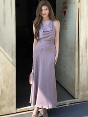 LBSFY -Spring Summer Elegant Purple Party Long Dresses For Woman French Fashion Vintage Swing-Collar Lace-up Slim New Dress Prom Female
