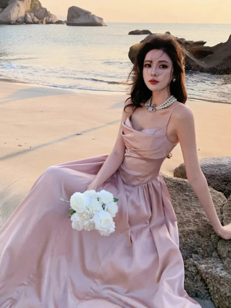 LBSFY -Women's Vintage Elegant Party Dresses Summer Fashion 2025 New Solid Pleated A-Line Slim Sling Dress French Beach Holiday Vestido