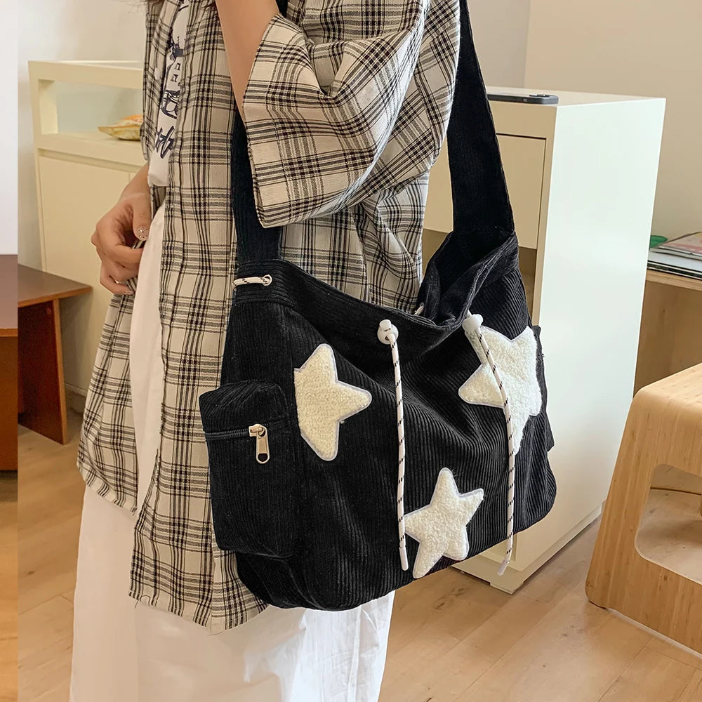 LBSFY -Large Capacity Corduroy Bag, Women's Single Shoulder Casual Five Pointed Star Crossbody Bag, Versatile Tote Bag
