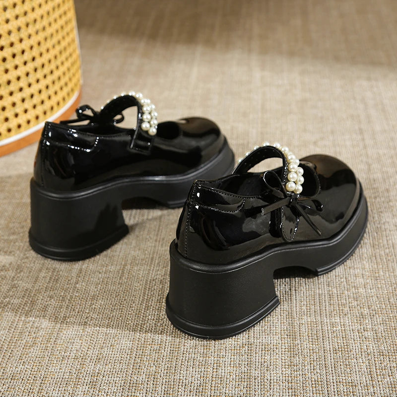 LBSFY -Vintage High Heels Mary Jane Shoes for Women 2025 Patent Leather Platform Pumps Woman Pearls Thick-Heeled Shoes Female