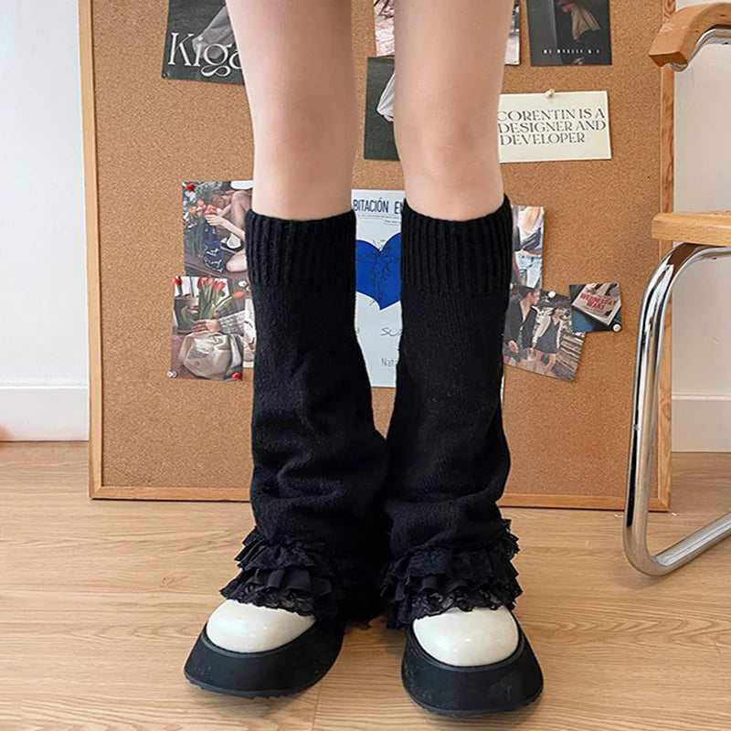 Lbsfy Punk Dark Black Leg Warmers Lace Over Knee Socks Winter Warm Knit Y2K Leg Covers Harajuku Boot Cuffs Japanese JK Lolita Sock