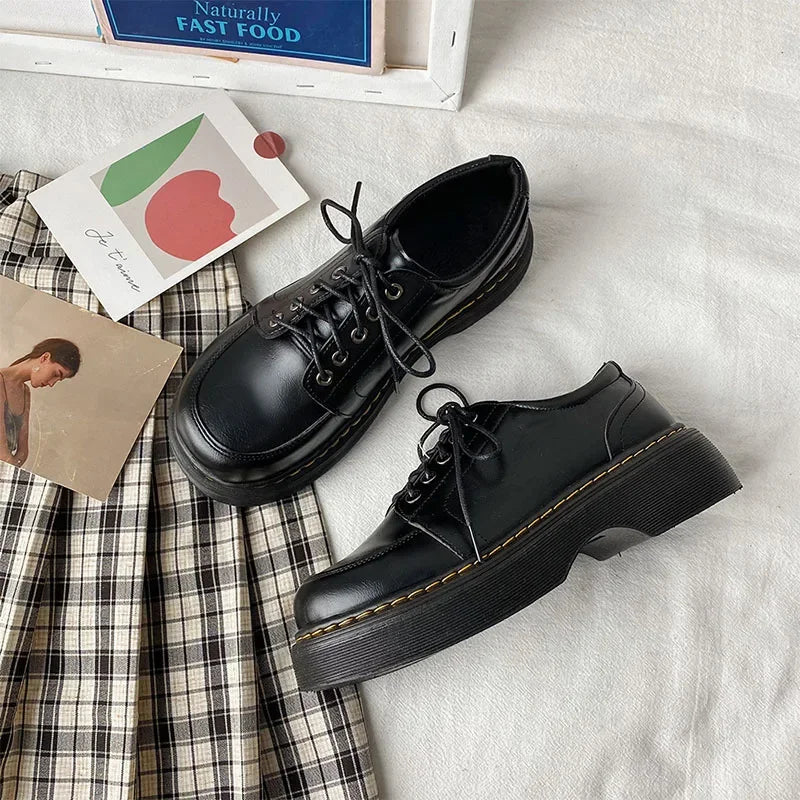 LBSFY -Mary Jane Women Pumps 2025 Spring Solid Lace-up Platform Shoes Round Toe Casual Zapatillas Mujer Black 4.5CM High Zapato De Tacón
