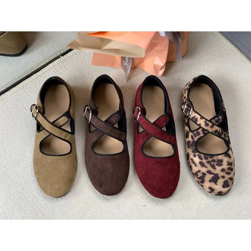 LBSFY -Luxury Spring New Women's Leopard Horsehair Narrow Band Cross Strap Flats Round Toe Leisure Soft Comfortable Female Ballerinas