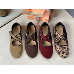 LBSFY -Luxury Spring New Women's Leopard Horsehair Narrow Band Cross Strap Flats Round Toe Leisure Soft Comfortable Female Ballerinas