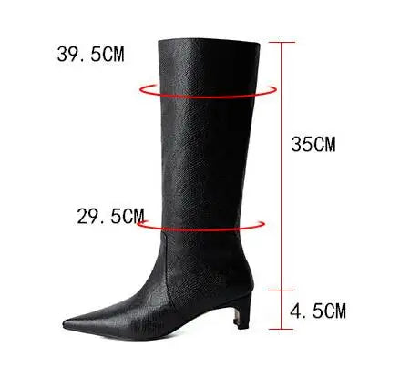 LBSFY  -  New Women Dark Green Black Crocodile Patterned Leather Pointed Square Toe 45 mm Kitten Heel Tube Slip On Knee High Boots Shoes