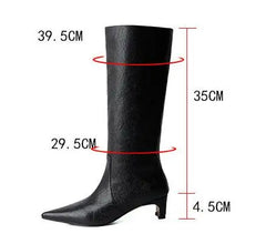 LBSFY  -  New Women Dark Green Black Crocodile Patterned Leather Pointed Square Toe 45 mm Kitten Heel Tube Slip On Knee High Boots Shoes