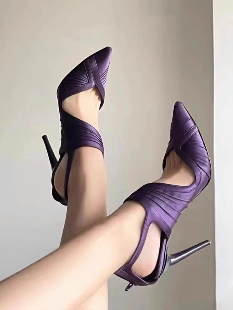 LBSFY  -  Sexy Purple Pointed Toe Sandals Back Zip Stiletto Heels Satin Cutouts Wrinkles Pumps Vintage Elegant Ladies Dress Party Shoes