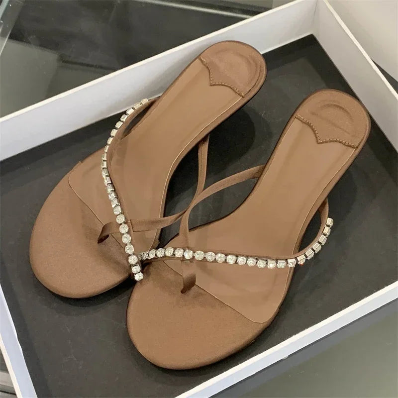 LBSFY -Summer Fashion Crystal Clip Toe Slippers Women Elegant Low Thin Heels Sandals Flip Flops Slide Shoes Zapatos De Mujer