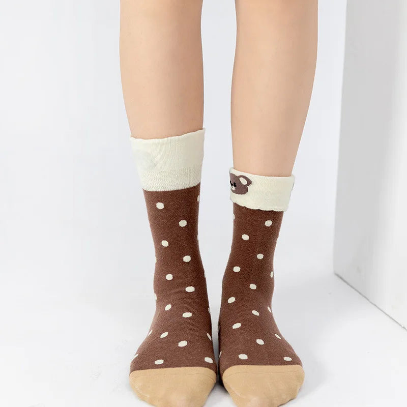 Lbsfy Ruffled Socks Women's Mid-tube Striped Dot Socks Spring Autumn Cotton Japanese Style Cute Kawaii Cartoon Bear Ladies Sports Soks