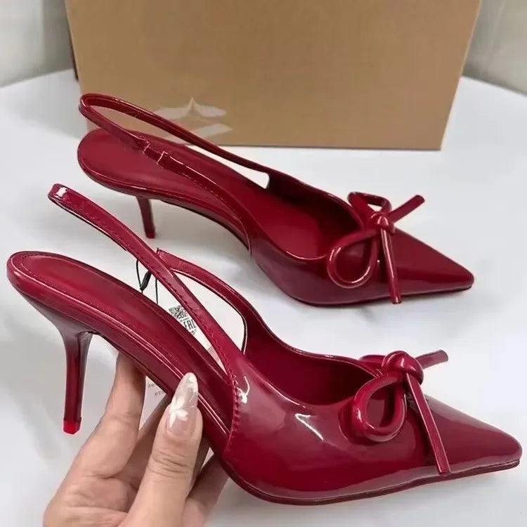 LBSFY  -  Women Summer Red Leather Pointy Bow Sandals Design Buckle Strap Sandals Women Sexy Open Toe Thin Heels Party Pumps Zapatos Mujer
