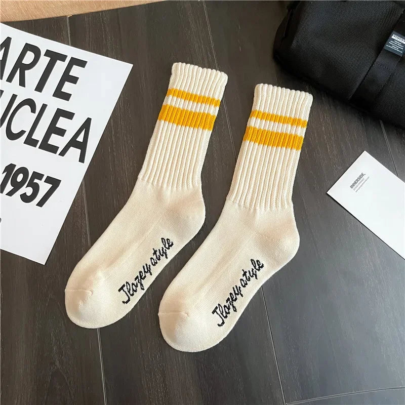 Lbsfy Fashion Unisex Striped Cotton Mid-calf Warm Socks Sweat-absorbent Anti-friction Sports Socks Men Basketball Socks Running Socks