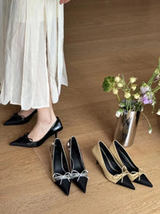 LBSFY  -  Sexy Women Pumps Office Shoes Pointed Toe Autumn Spring Dress Party Pumps Black Khaki Silver Shallow Slip On Elegant Bow Design