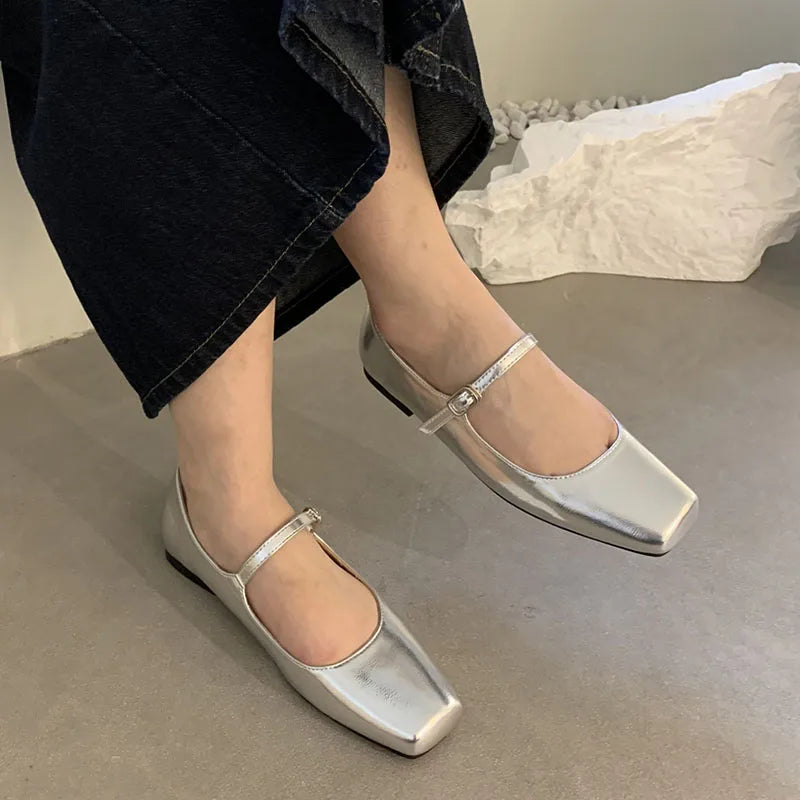 LBSFY  -   Summer New Brand Women Sliver Flats Fashion Square Toe Shallow Mary Jane Shoes Soft Casual Ballet Shoes Slingback Shoes