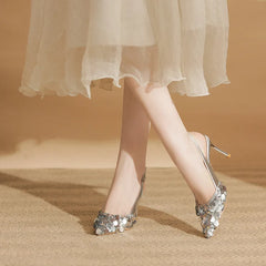 LBSFY  -  Size 34-40 Sequins Back Empty Slingbacks High Heels Women's Stiletto Heel Silver Shoes Black Thin Heels