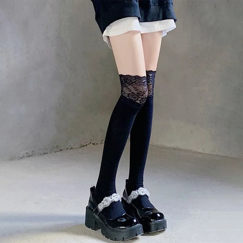 Lbsfy Socks Woman Autumn/Winter Solid Color Thigh High Lace Cute Lolita Thick Warm Stockings Black White Long Leg Socks for Women