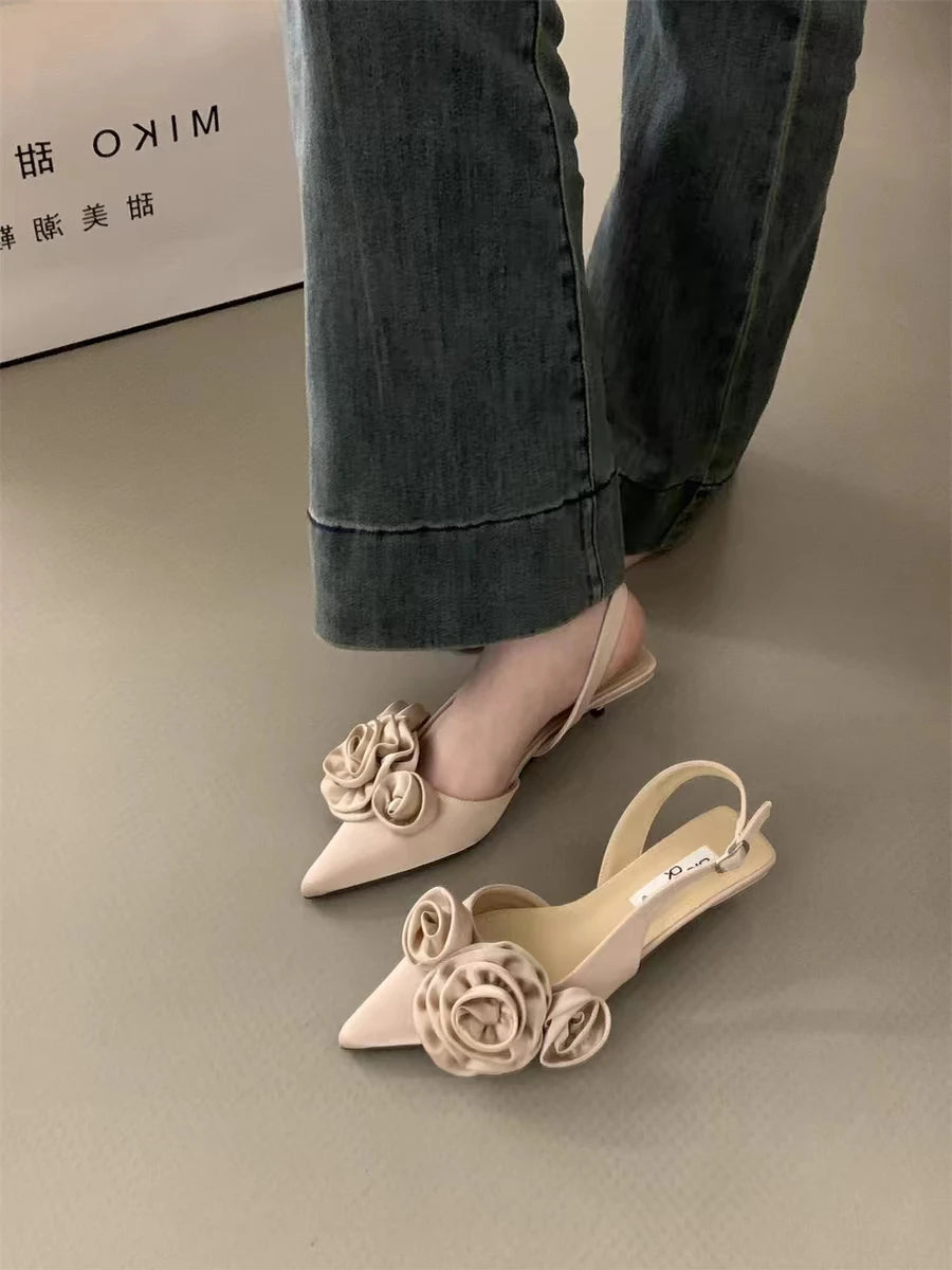 LBSFY -New Brand Women Sandal Fashion Flower Ladies Elegant Dress Slingback Shoes Thin Low Heel Dress Mules Pumps