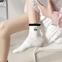 Lbsfy Women's Short Socks Spring Summer Love Cherry Embroidered Casual Cotton Low Tube Ruffle White Black Cute Kawaii Girl Cotton Sock