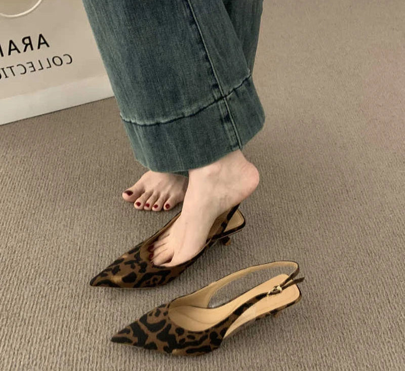 LBSFY  Summer Pointed Toe Thick Heel Women Sandals Fashion Leopard Print Ladies Stripper Party Sandalias