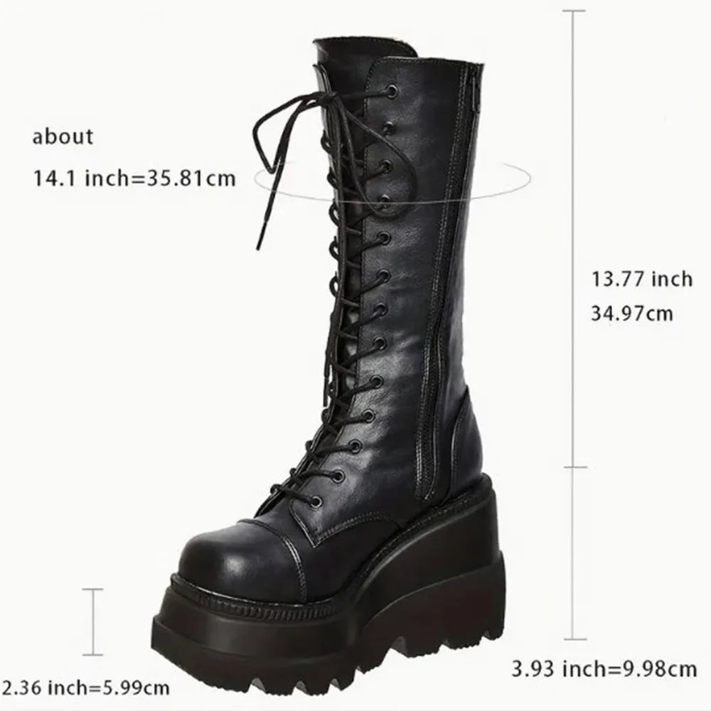 LBSFY -Black Gothic Fashion Round Toe Side Zipper Lace Up Women's Mid Calf Boots New INS Christmas Street Party Shoes Woman