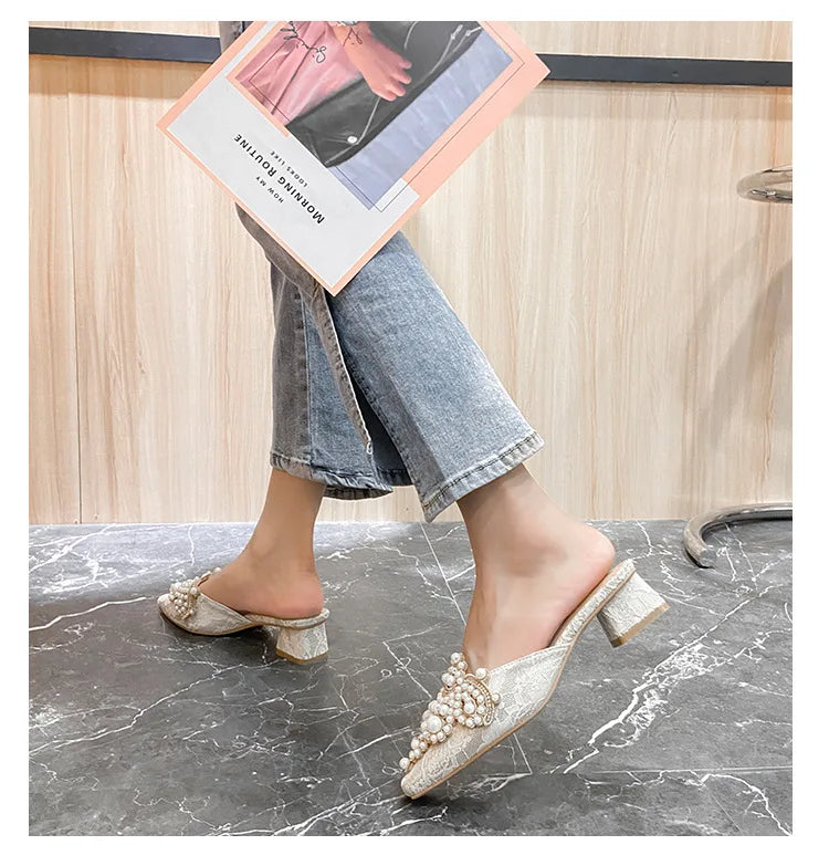 LBSFY -Pearl Half Slippers Women Shoe Autumn Rhinestone Chunky Mid Heel Slipper Sandals Fashion Muller Casual Versatile Single Shoes