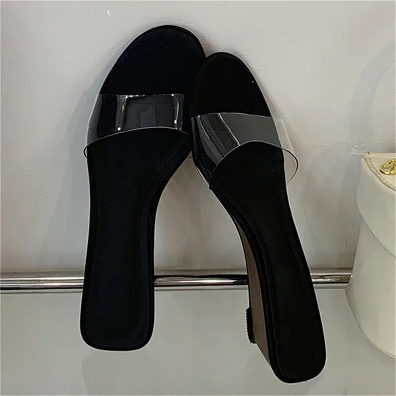 LBSFY -2025 New Summer PVC Transparent Wedges Open Toe Women Slippers Low Heels Banquet Dress Beach Female Shoes