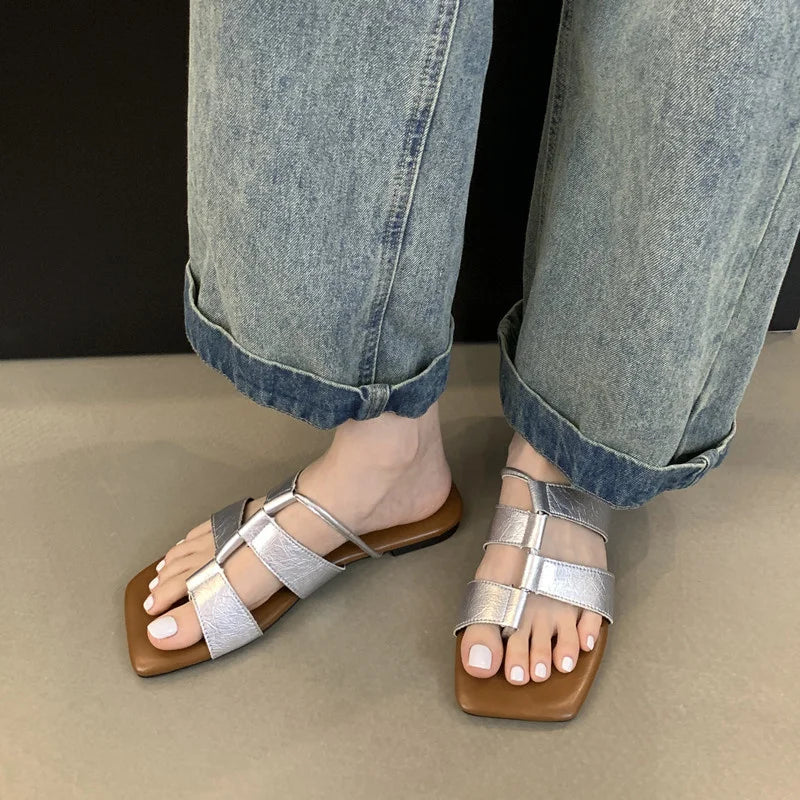 LBSFY  -Summer Casual Flat Sliper Square Toe Shoes Women Slip-On Beach Slides Soft Outdoor Sandals Mujer