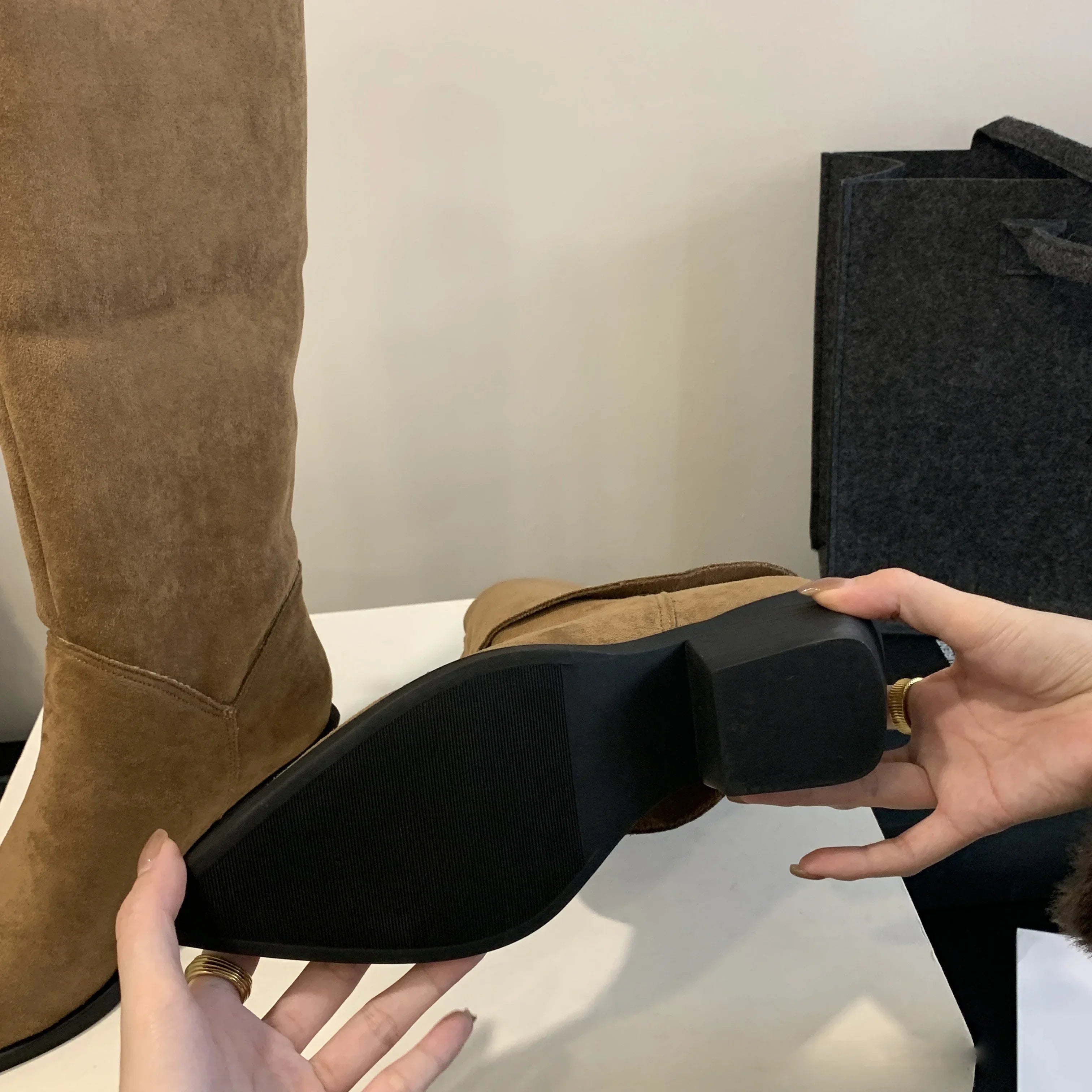 LBSFY -Retro Style Fold Button Women Knee-High Boots Fashion Pointed Toe Square Low Heels Casual Dress Ladies Shoes