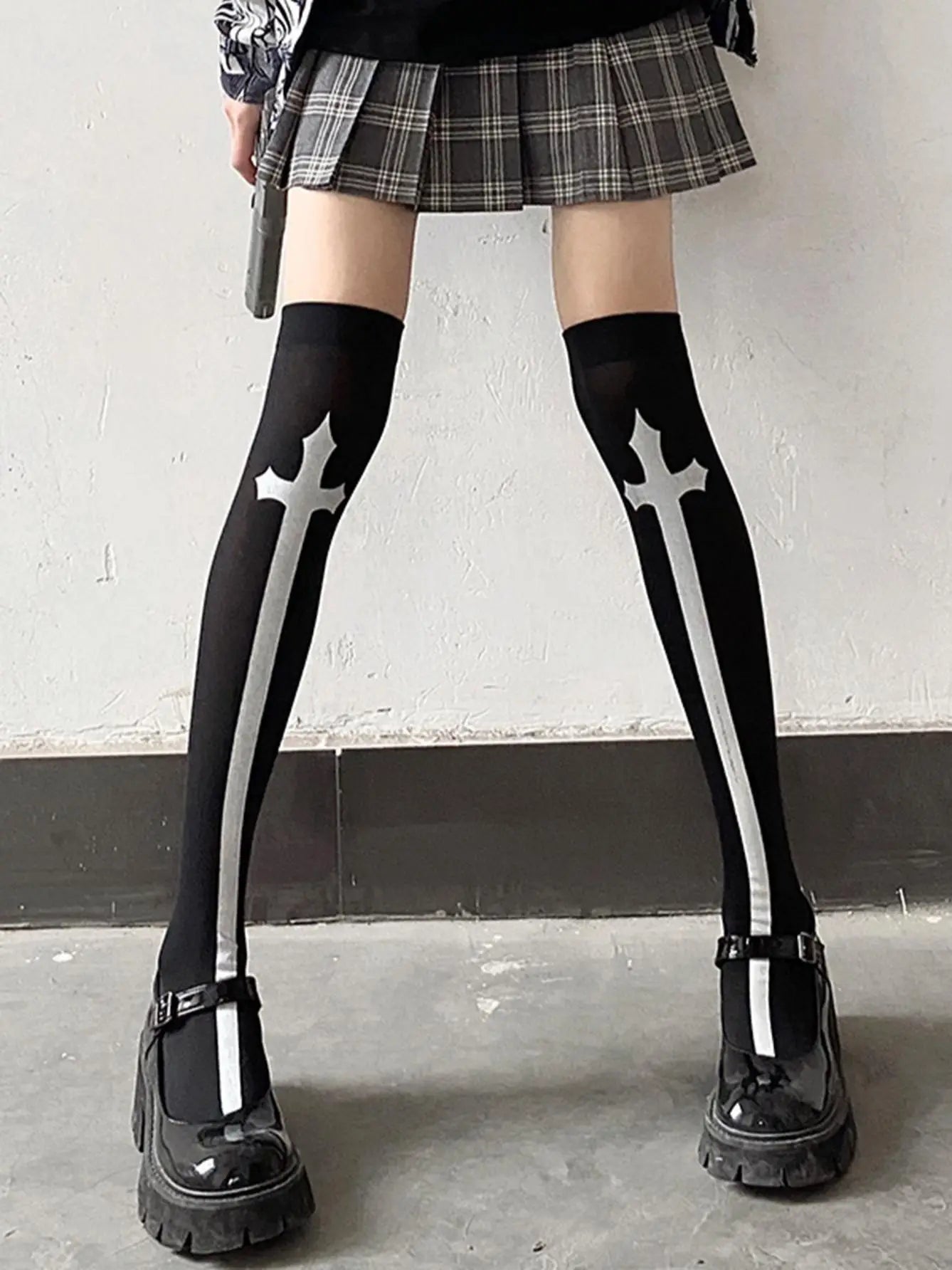 Lbsfy 1 pair of cross long tube JK socks printed knee length socks velvet material performance Cos stockings Lolita stockings