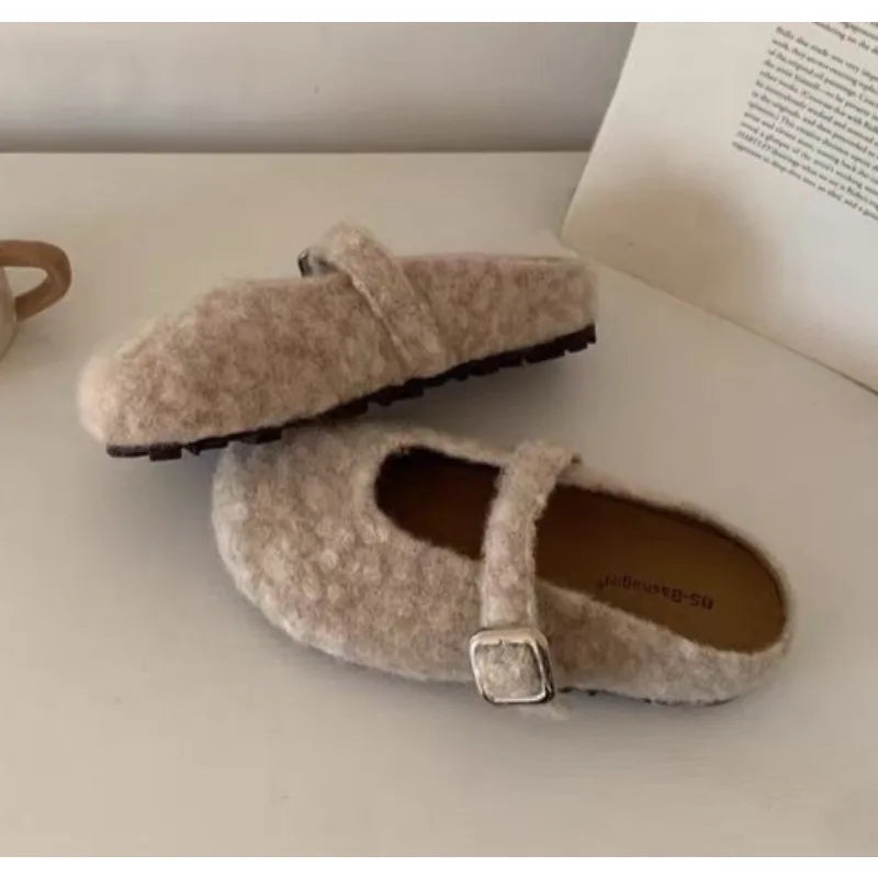 LBSFY -Big Size 43 Women Lambswool Slippers Winter Sheep Fur Shoes Ladies Flat Cotton Slides Home Pantuflas Daily Slip On Furry Mules