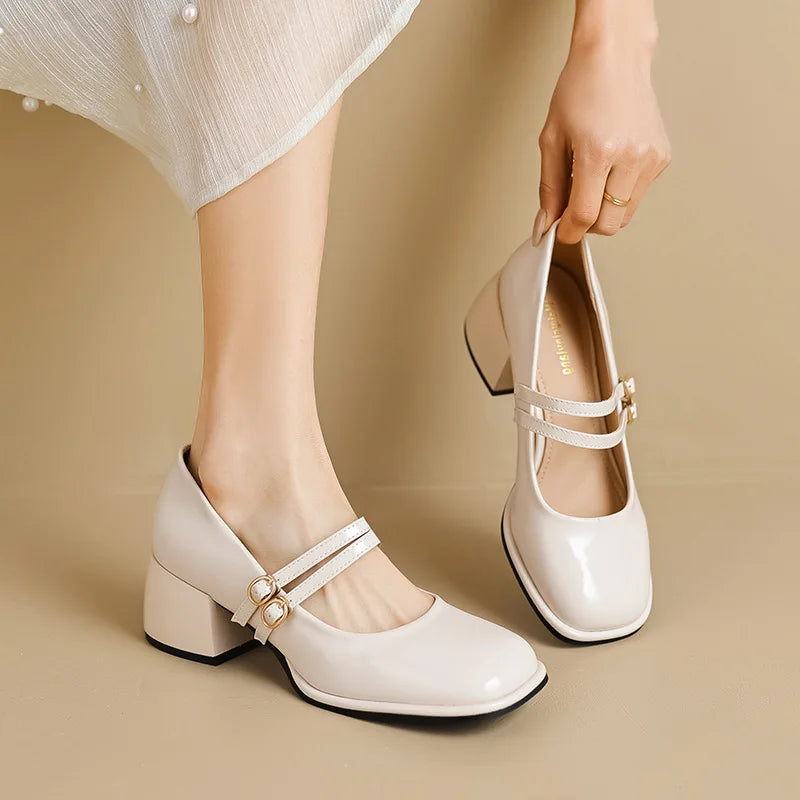 LBSFY -Spring Women's Shoes Ladies High Heels Casual Mary Janes White Square Toe Shallow Mouth Design 41-43 Retro Single Shoe
