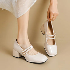 LBSFY -Spring Women's Shoes Ladies High Heels Casual Mary Janes White Square Toe Shallow Mouth Design 41-43 Retro Single Shoe