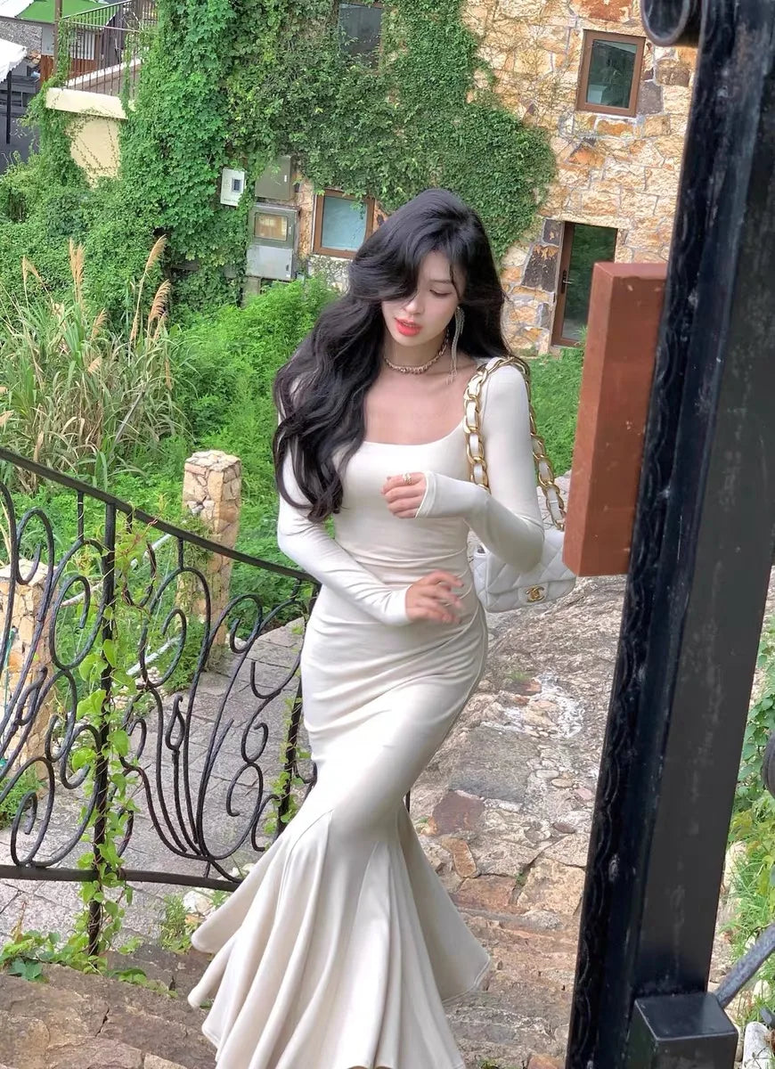 LBSFY -Elegant Long Sleeve Knitted Mermaid Dresses Women Sexy Fashion Slim Solid Evening Party Prom Casual Vestido Mujer New Autumn