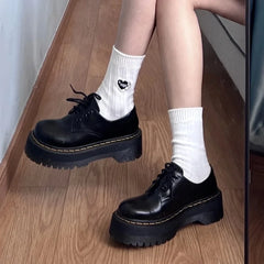 LBSFY -Autumn New Fashion Black Round Head Lace-up Solid Color Womens Loafers Casual Thick Soled Leather Women's Thick Soled Shoes