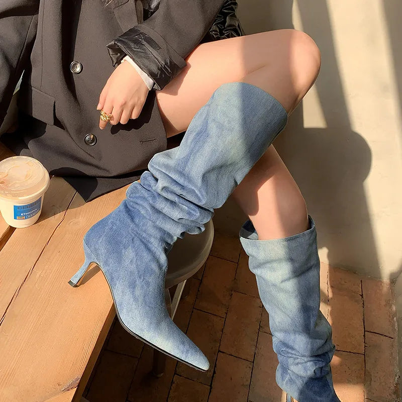 LBSFY  -  Fashion Knee-High Women Boots New High Quality Denim Boots Pointed Toe Wide Tube High Heel High Boots Street Hot Girl